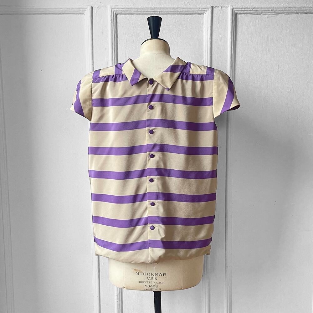 80s VALENTINO Silk Striped Cap Sleeve Vintage Blouse Button Back Made in Italy